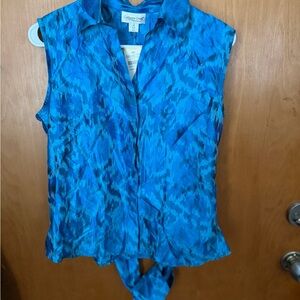 Coldwater Creek Turquoise & Navy Sleeveless Tie-Front Blouse